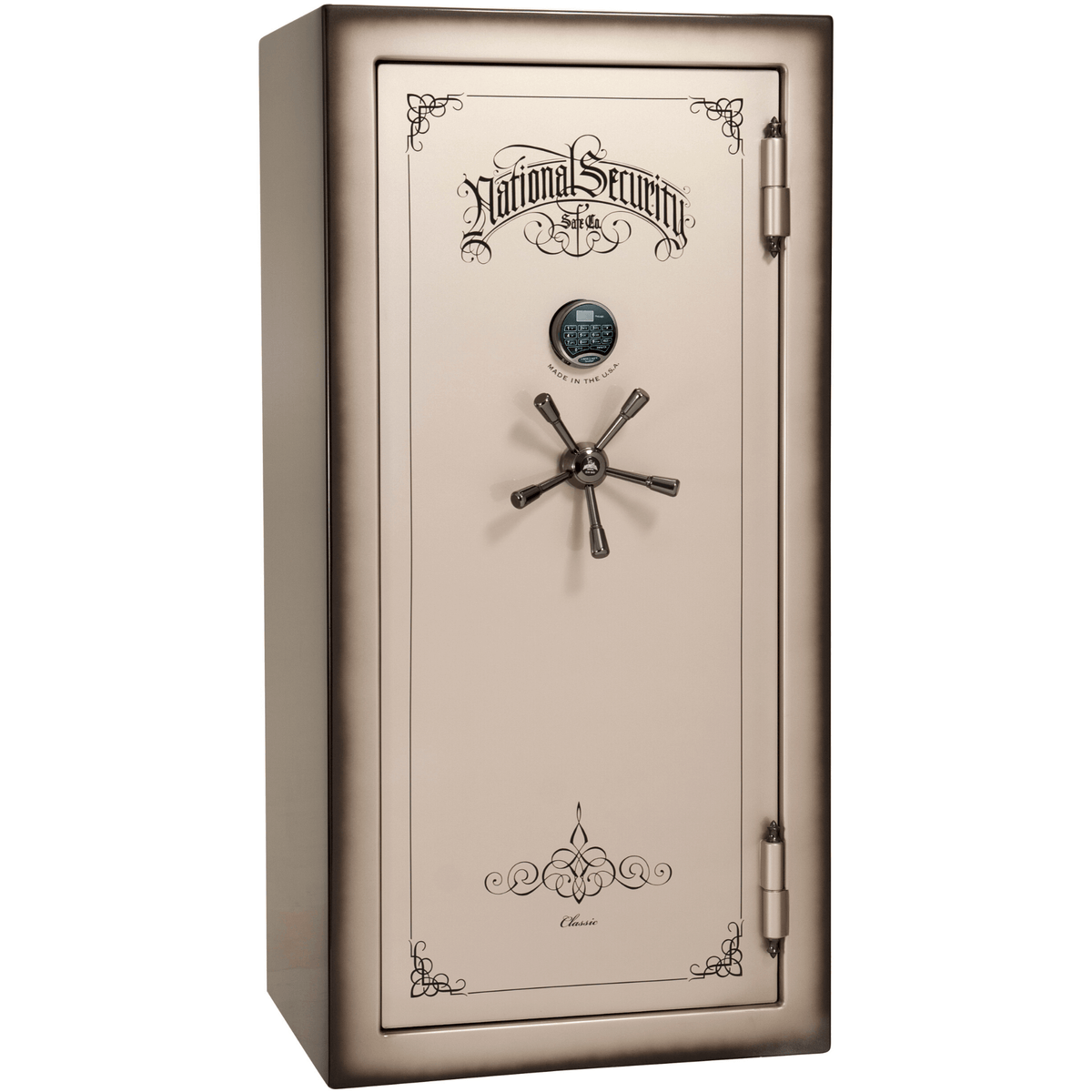 Liberty Safe Classic Plus 25 in Feathered Champagne Gloss with Black Chrome Electronic Lock, closed door.