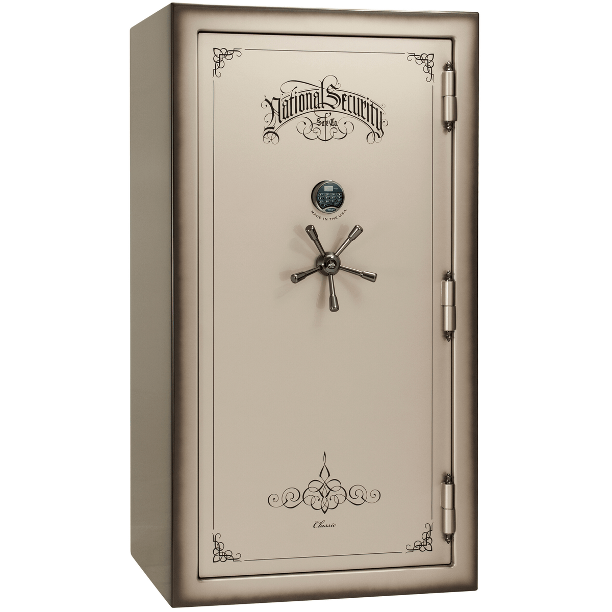 Liberty Safe Classic Plus 40 in Feathered Champagne Gloss with Black Chrome Electronic Lock, closed door.
