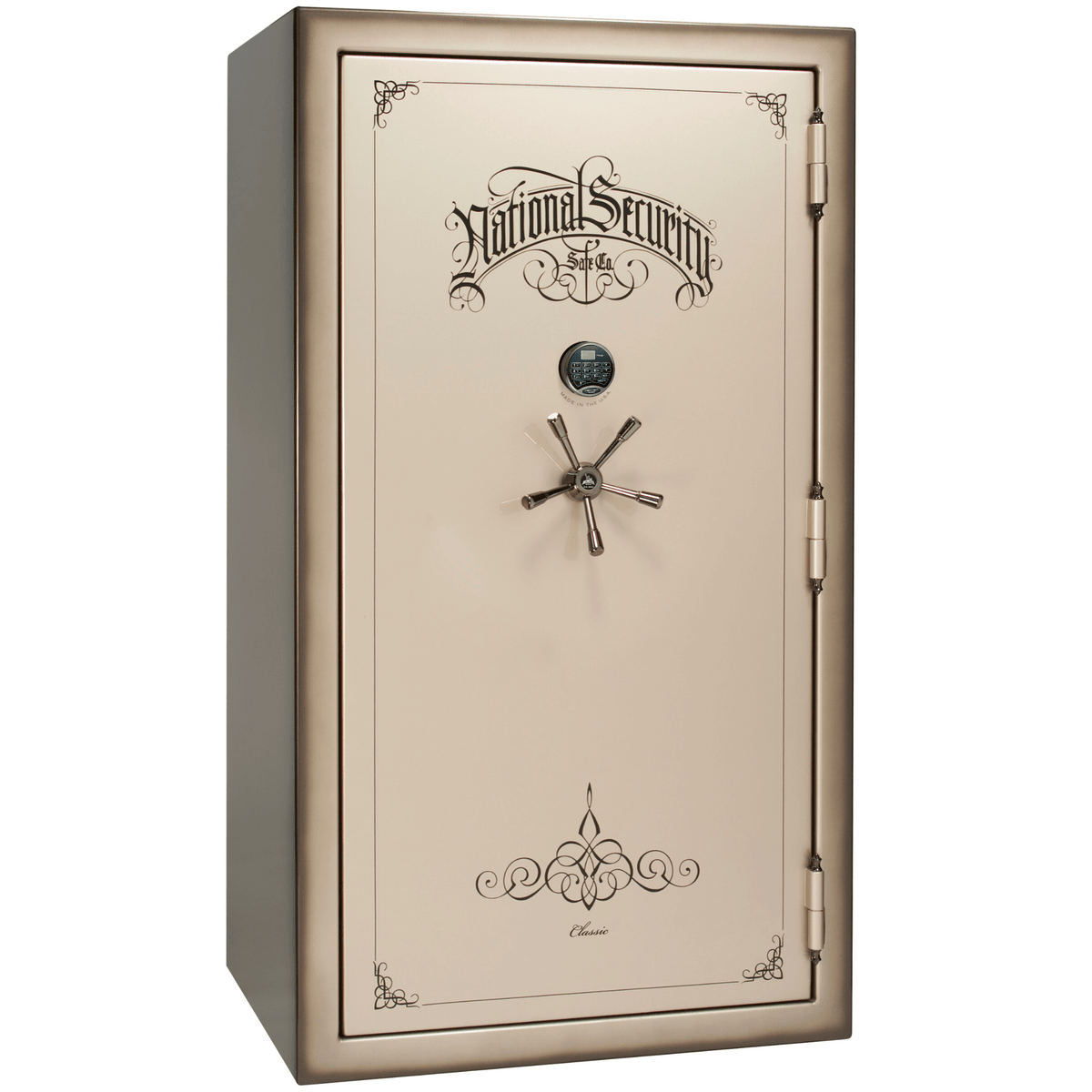 Liberty Safe Classic Plus 50 in Feathered Champagne Gloss with Black Chrome Electronic Lock, closed door.