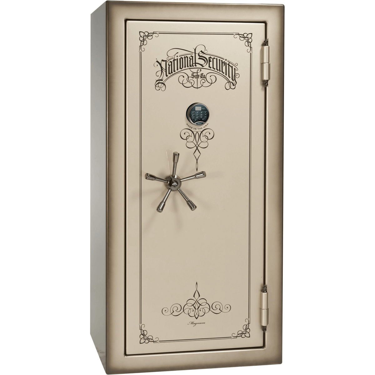 Liberty Safe National Magnum 25 in Champagne Feathered Edge Gloss with Black Chrome Electronic Lock, closed door.