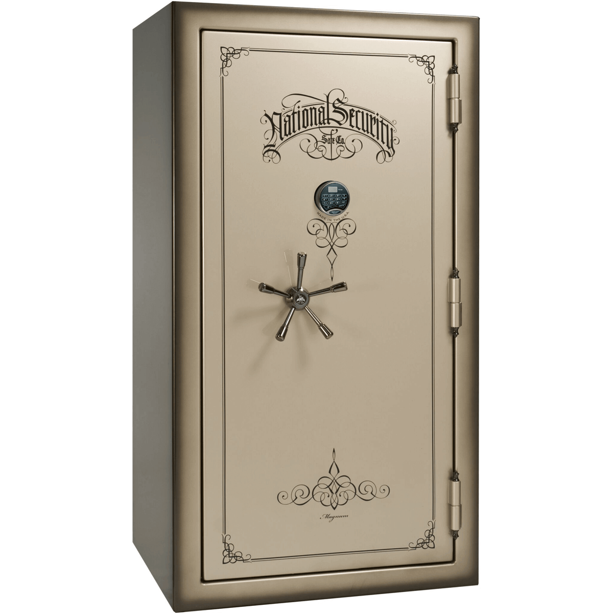 Liberty Safe National Magnum 40 in Champagne Feathered Edge Gloss with Black Chrome Electronic Lock, closed door.