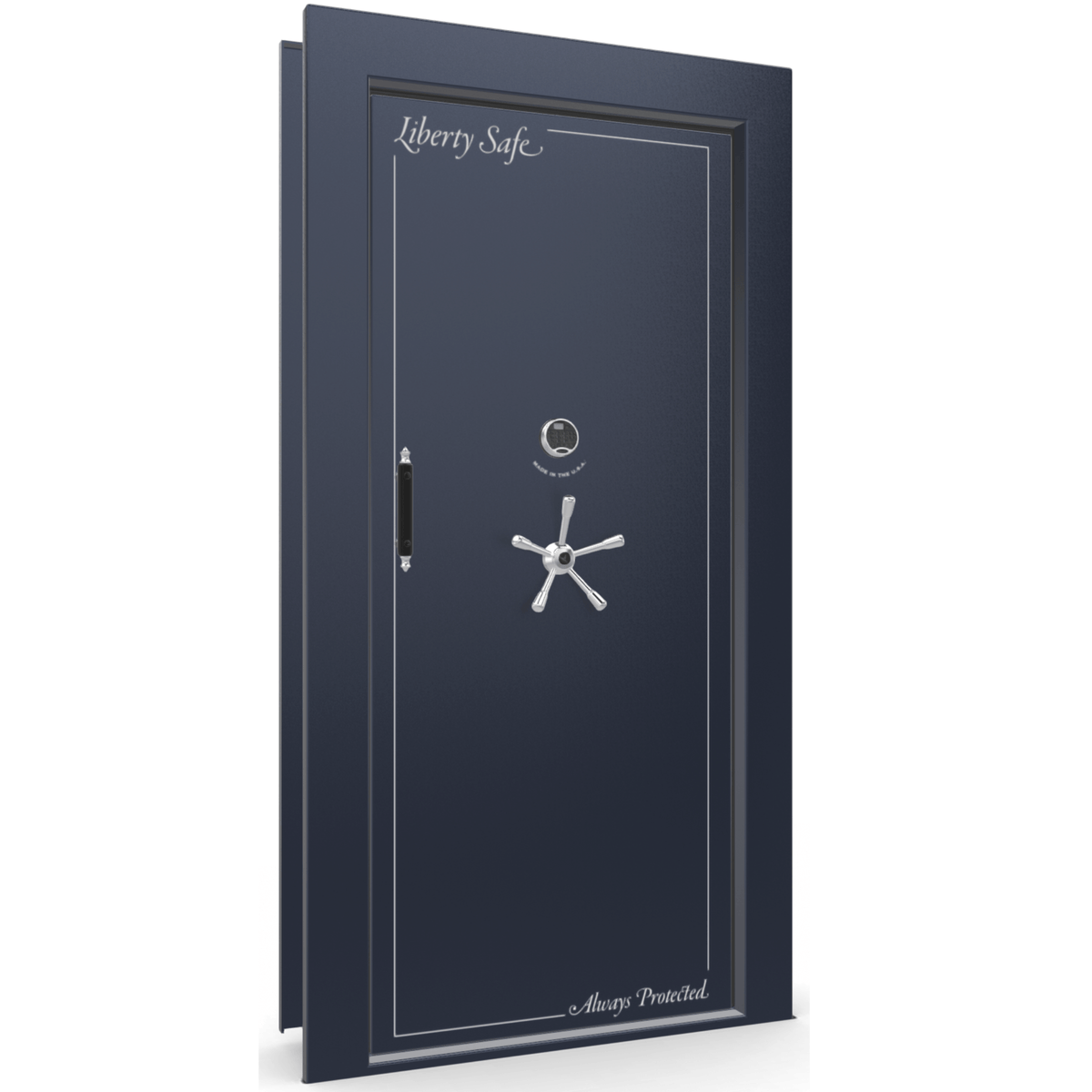 The Beast Vault Door in Blue Gloss  with Chrome Electronic Lock, Right Inswing, door closed.