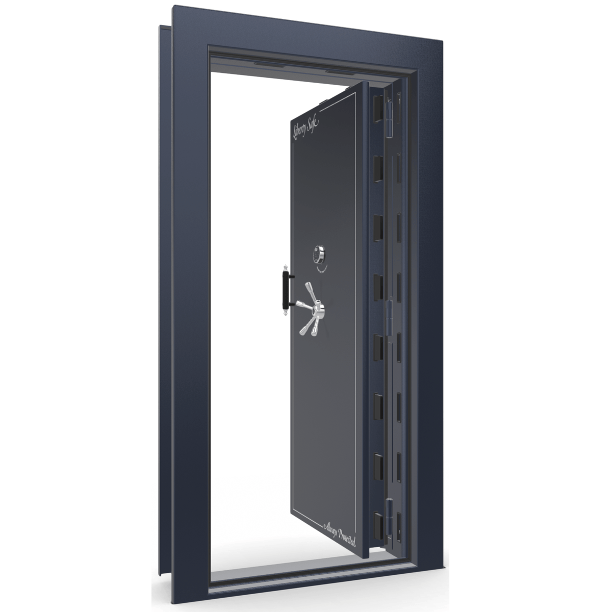 The Beast Vault Door in Blue Gloss  with Chrome Electronic Lock, Right Inswing, door open.