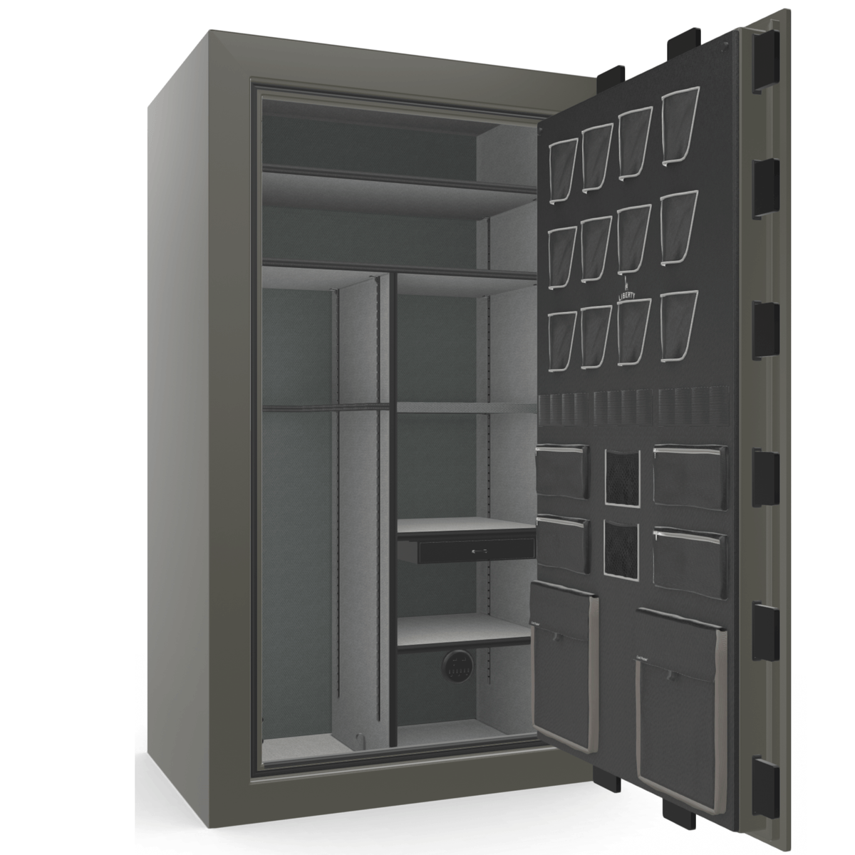 Liberty Safe Classic Plus 50 in Feathered Gray Gloss, open door.