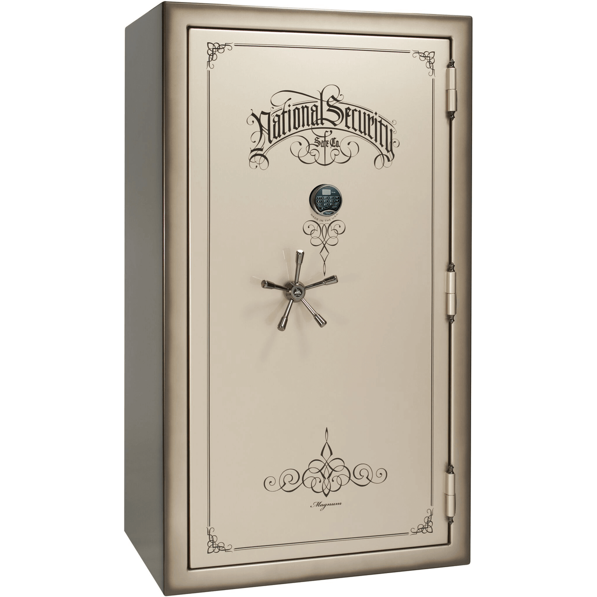 Liberty Safe National Magnum 50 in Champagne Feathered Edge Gloss with Black Chrome Electronic Lock, closed door.