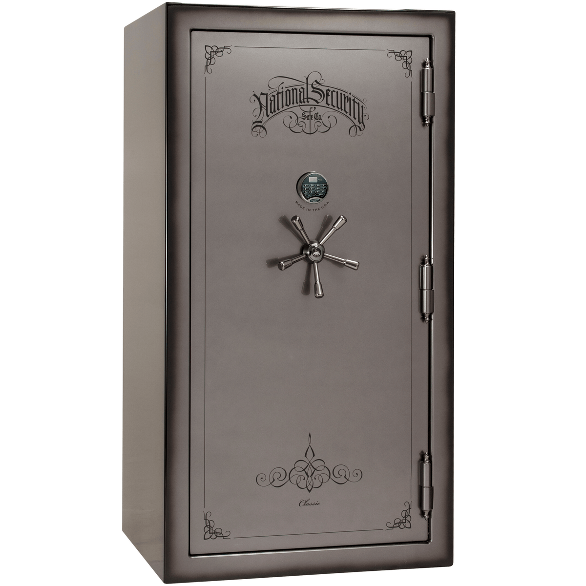 Liberty Safe Classic Plus 40 in Feathered Gray Gloss with Black Chrome Electronic Lock, closed door.