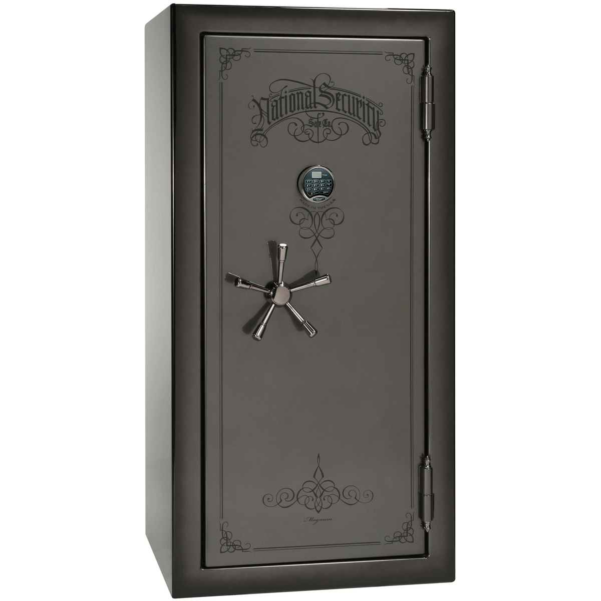 Liberty Safe National Magnum 25 in Gray Charcoal Feathered Edge Gloss with Black Chrome Electronic Lock, closed door.