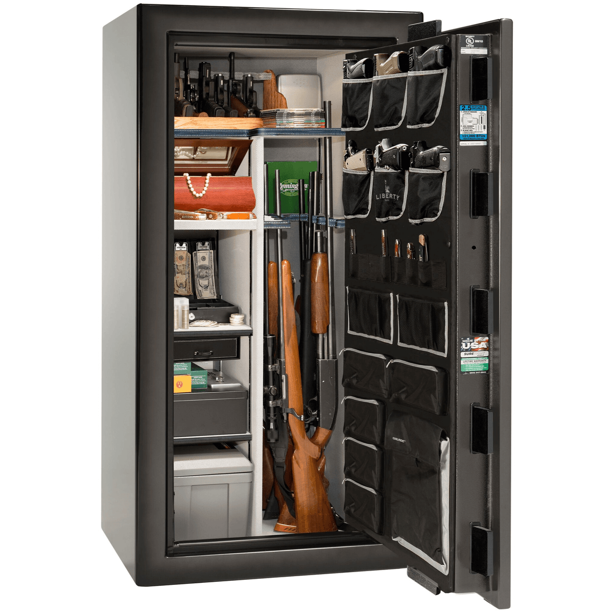 Liberty Safe National Magnum 25 in Gray Charcoal Feathered Edge Gloss, open door.