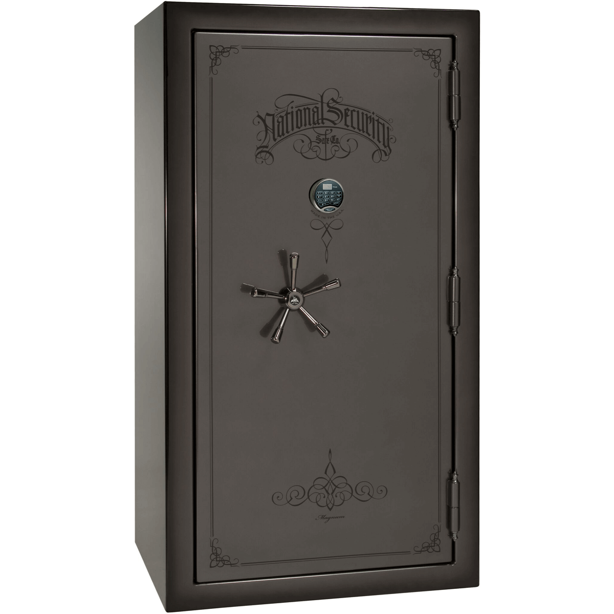 Liberty Safe National Magnum 40 in Gray Charcoal Feathered Edge Gloss with Black Chrome Electronic Lock, closed door.