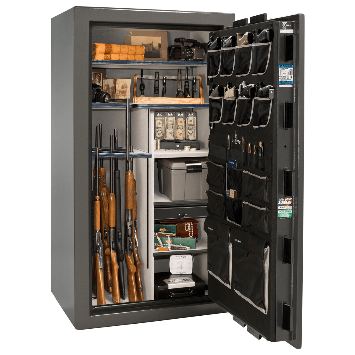 Liberty Safe National Magnum 40 in Gray Charcoal Feathered Edge Gloss, open door.