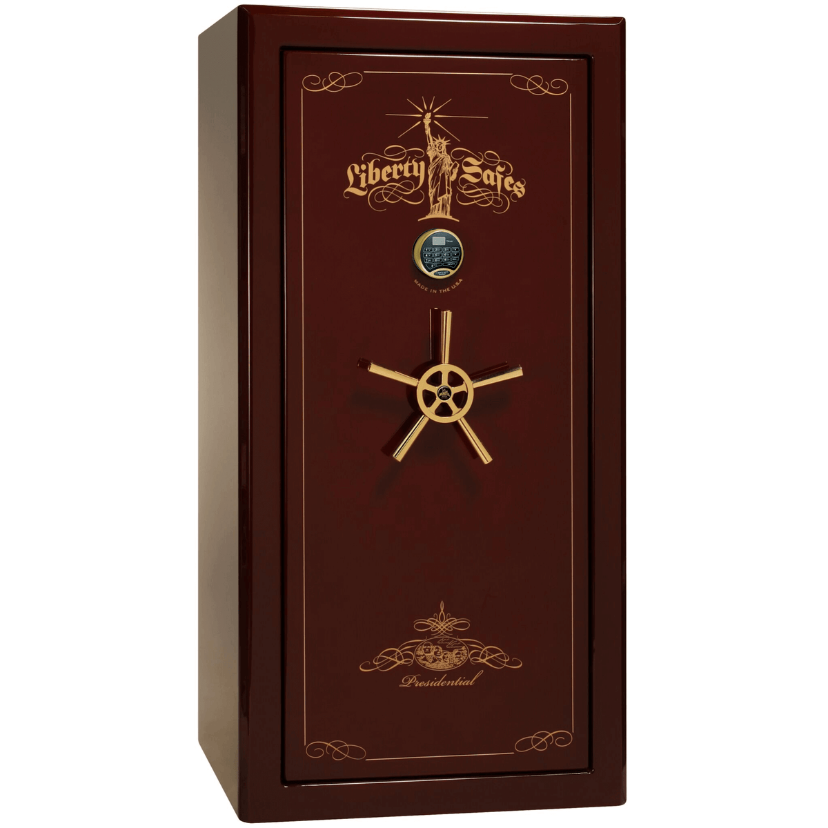 Liberty Safe Presidential 25 in Burgundy Gloss with 24k Gold Electronic Lock, closed door.