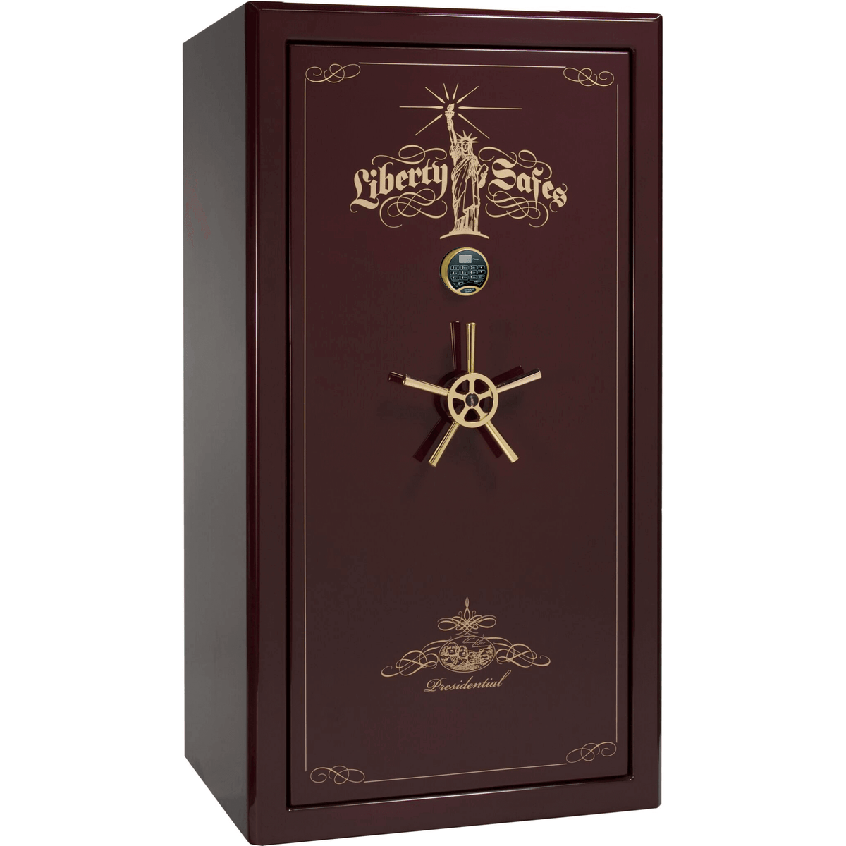 Liberty Safe Presidential 40 in Burgundy Gloss with 24k Gold Electronic Lock, closed door.