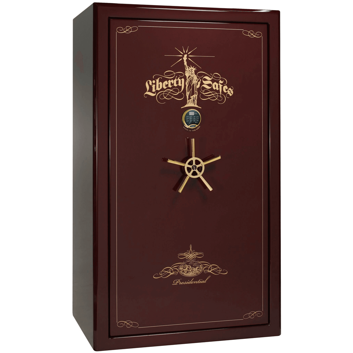 Liberty Safe Presidential 50 in Burgundy Gloss with 24k Gold Electronic Lock, closed door.