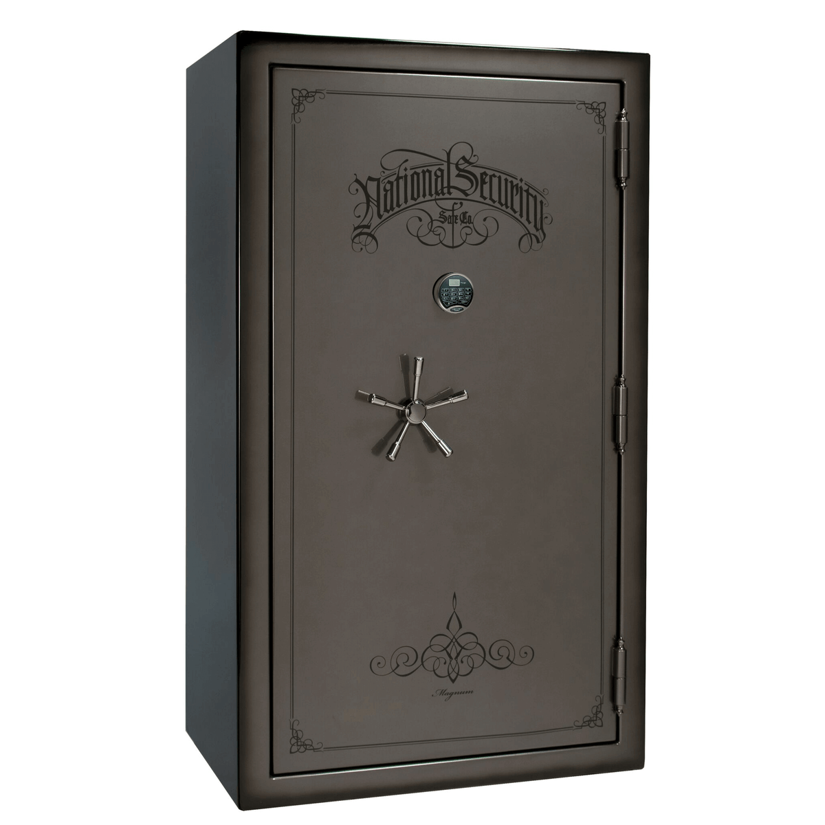 Liberty Safe National Magnum 50 in Gray Charcoal Feathered Edge Gloss with Black Chrome Electronic Lock, closed door.