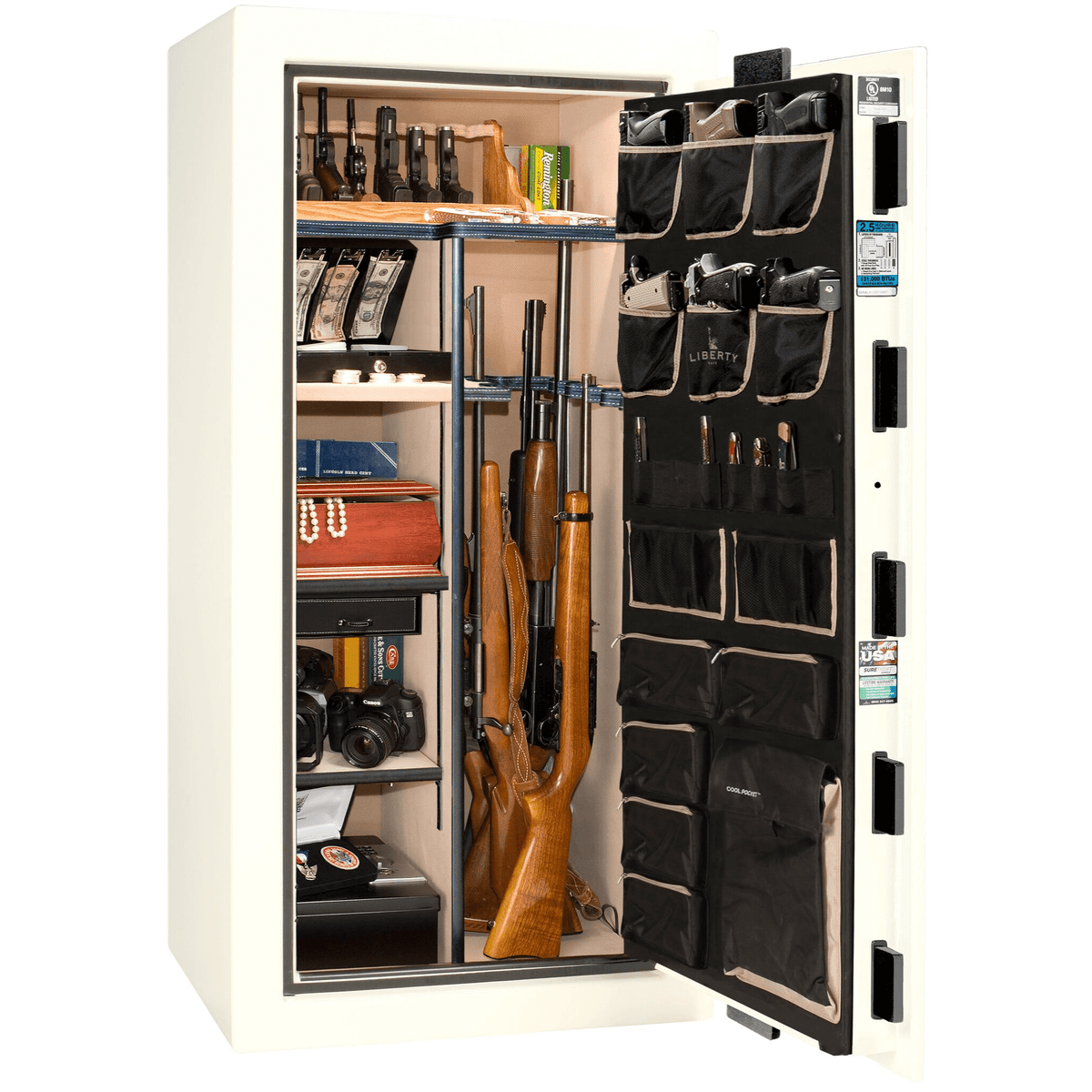Liberty Safe National Magnum 25 in White Gloss, open door.