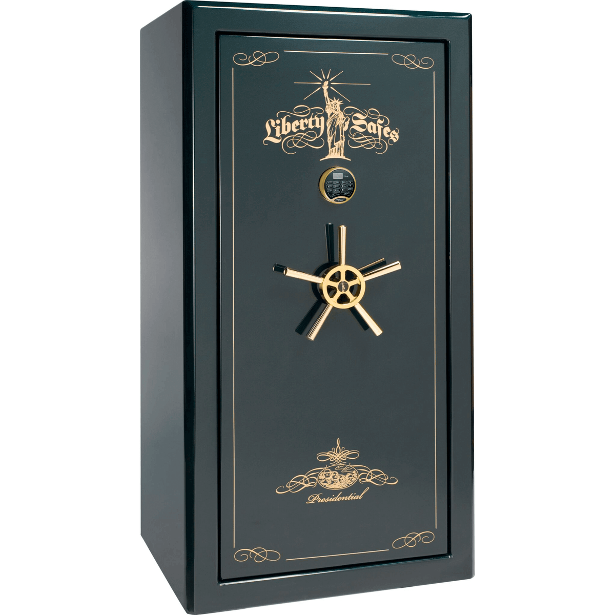 Liberty Safe Presidential 25 in Emerald Green with 24k Gold Electronic Lock, closed door.