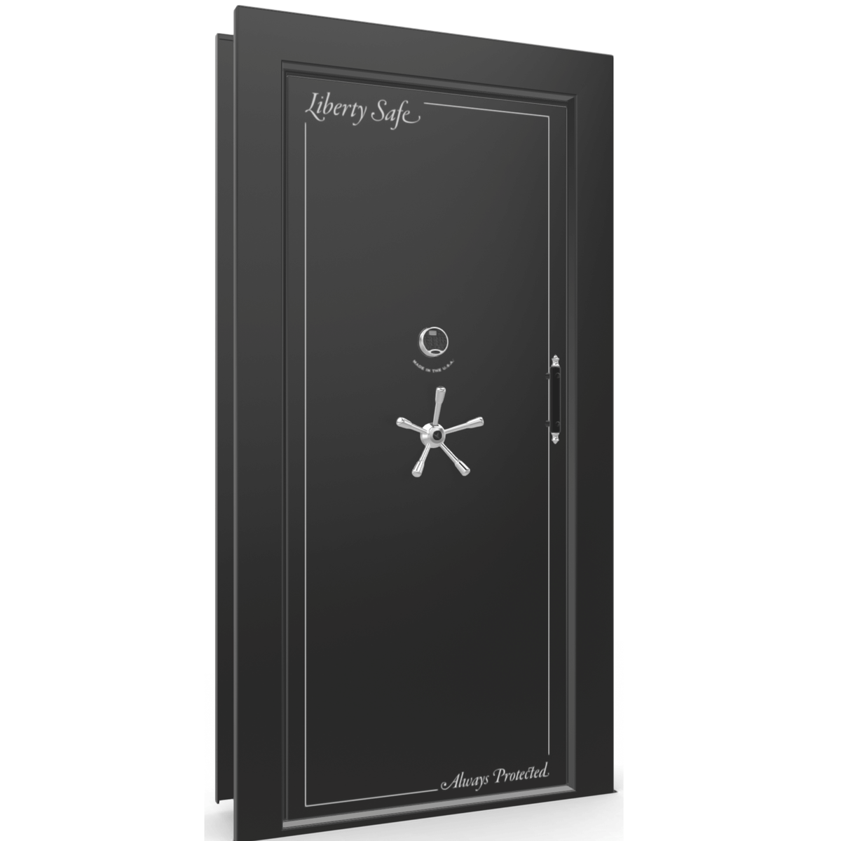 The Beast Vault Door in Black Gloss  with Chrome Electronic Lock, Left Inswing, door closed.