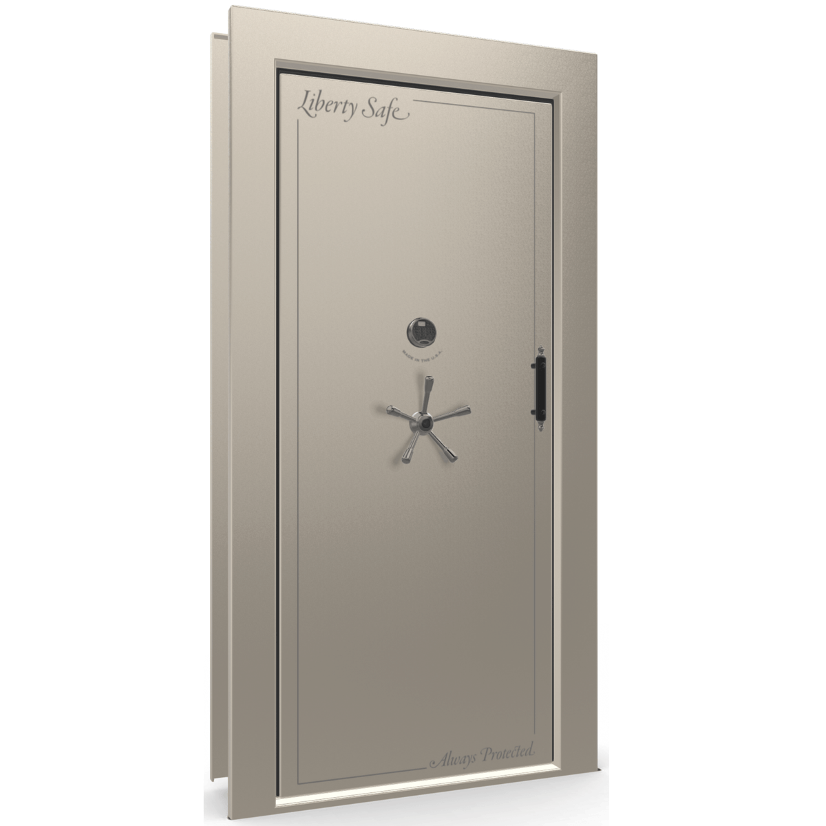 The Beast Vault Door in Champagne Gloss with Black Chrome Electronic Lock, Left Inswing, door closed.