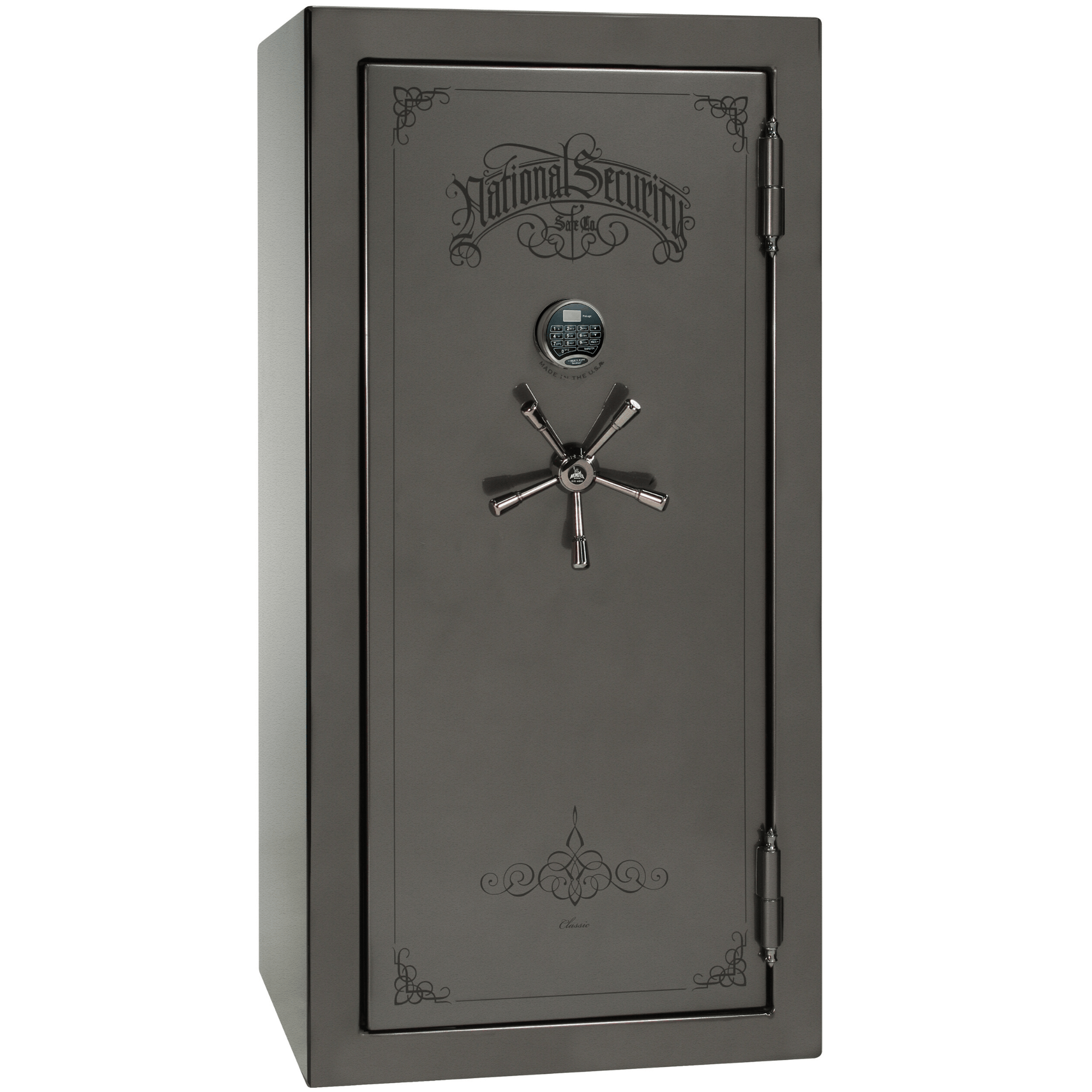 Liberty Safe Classic Plus 25 in Gray Marble with Black Chrome Electronic Lock, closed door.