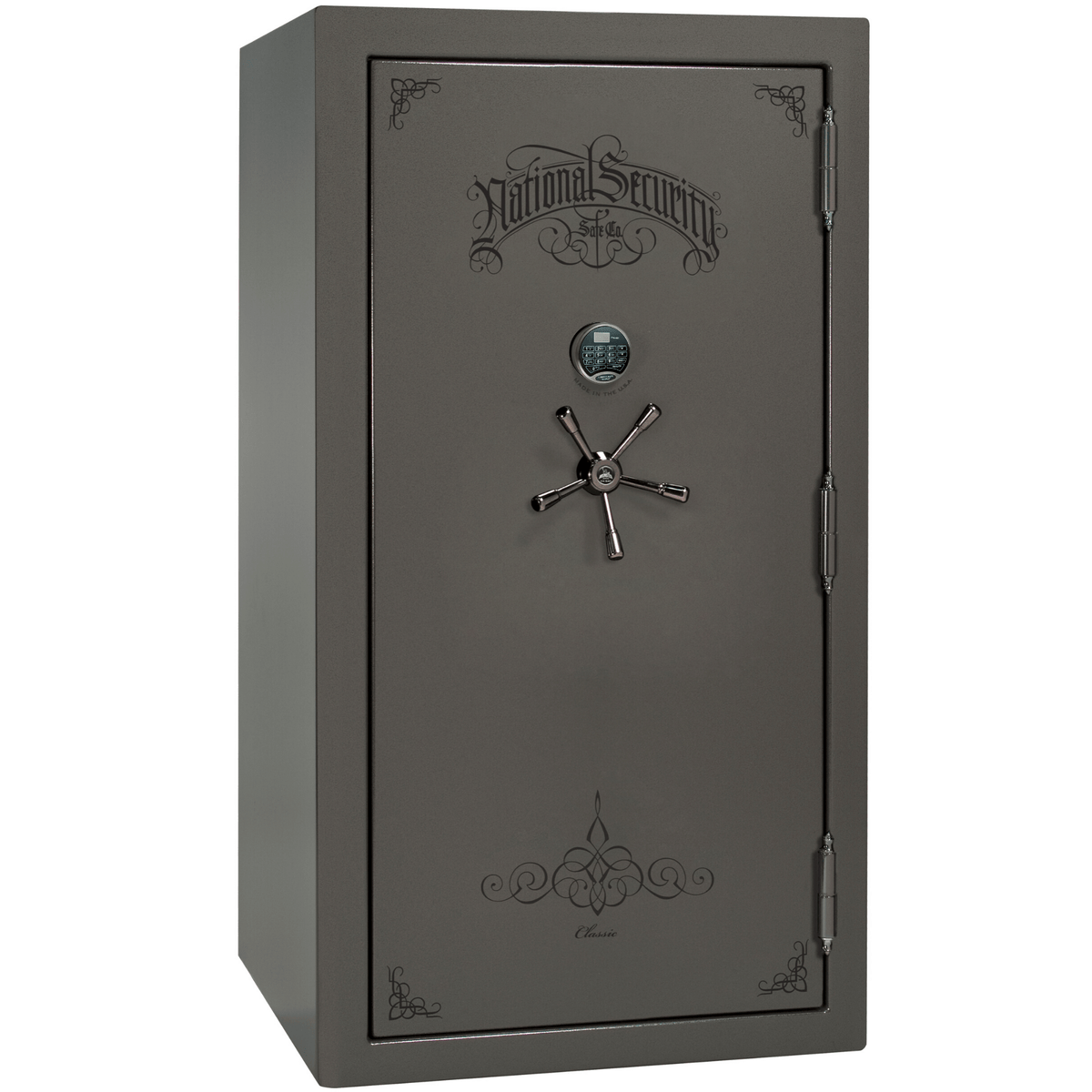 Liberty Safe Classic Plus 40 in Gray Marble with Black Chrome Electronic Lock, closed door.
