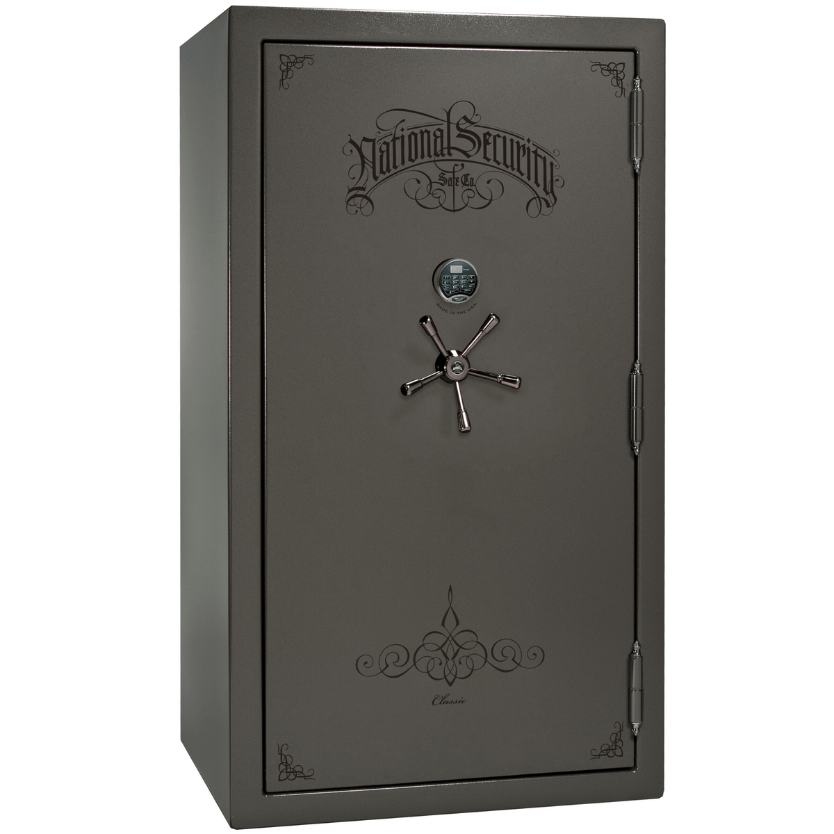 Liberty Safe Classic Plus 50 in Gray Marble with Black Chrome Electronic Lock, closed door.