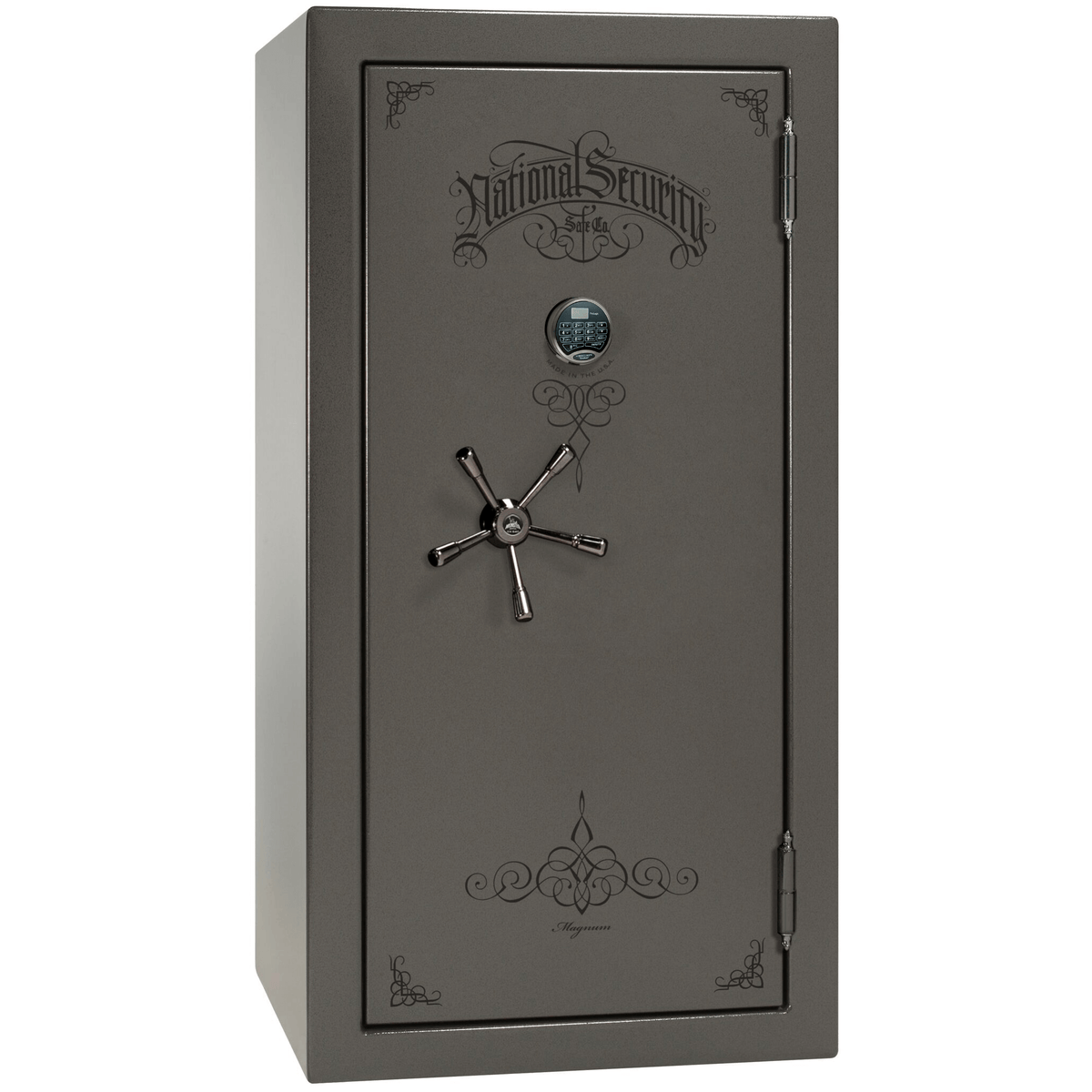 Liberty Safe National Magnum 25 in Gray Marble with Black Chrome Electronic Lock, closed door.