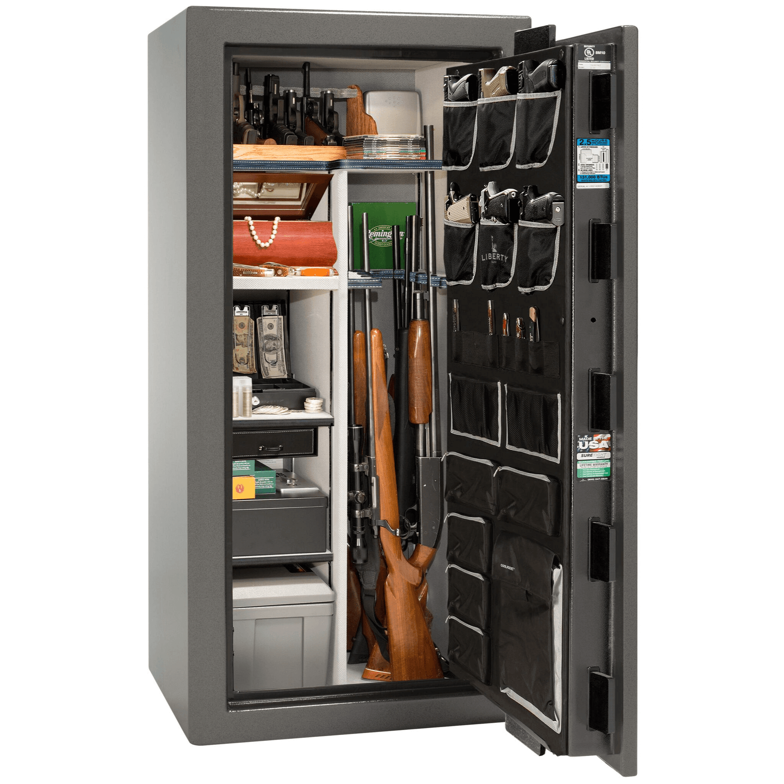 Liberty Safe National Magnum 25 in Gray Marble with Black Chrome Electronic Lock, closed door.