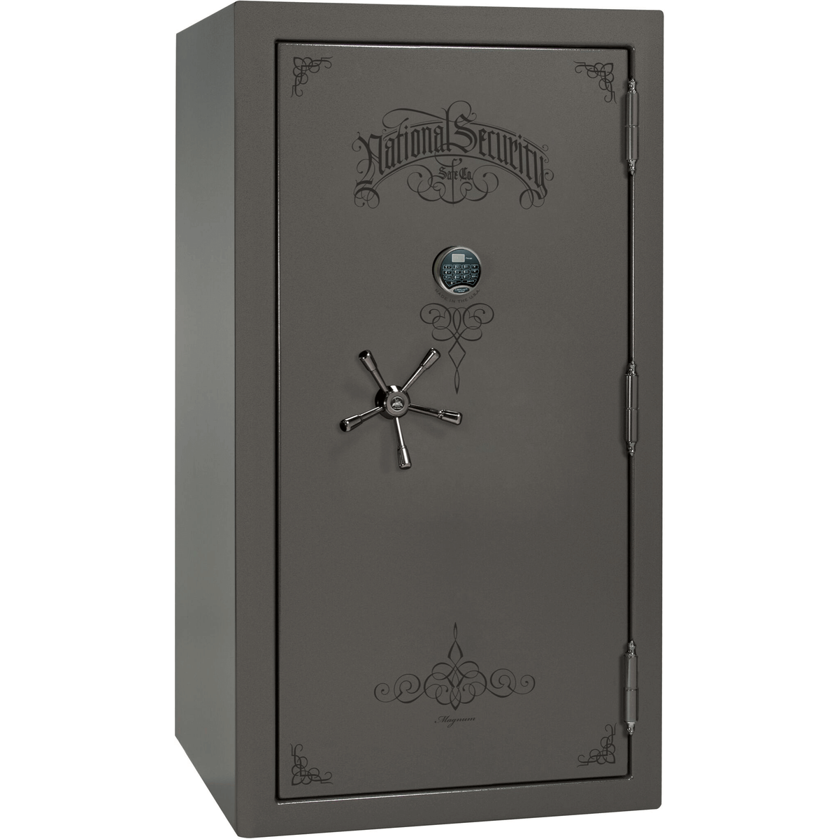 Liberty Safe National Magnum 40 in Gray Marble with Black Chrome Electronic Lock, closed door.
