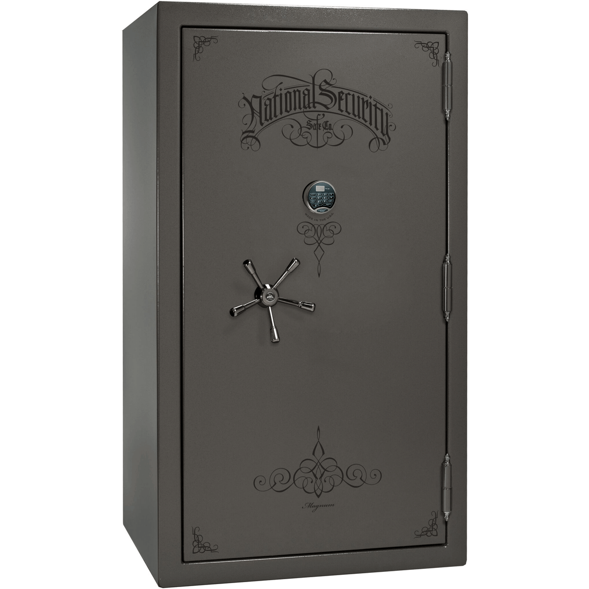 Liberty Safe National Magnum 50 in Gray Marble with Black Chrome Electronic Lock, closed door.
