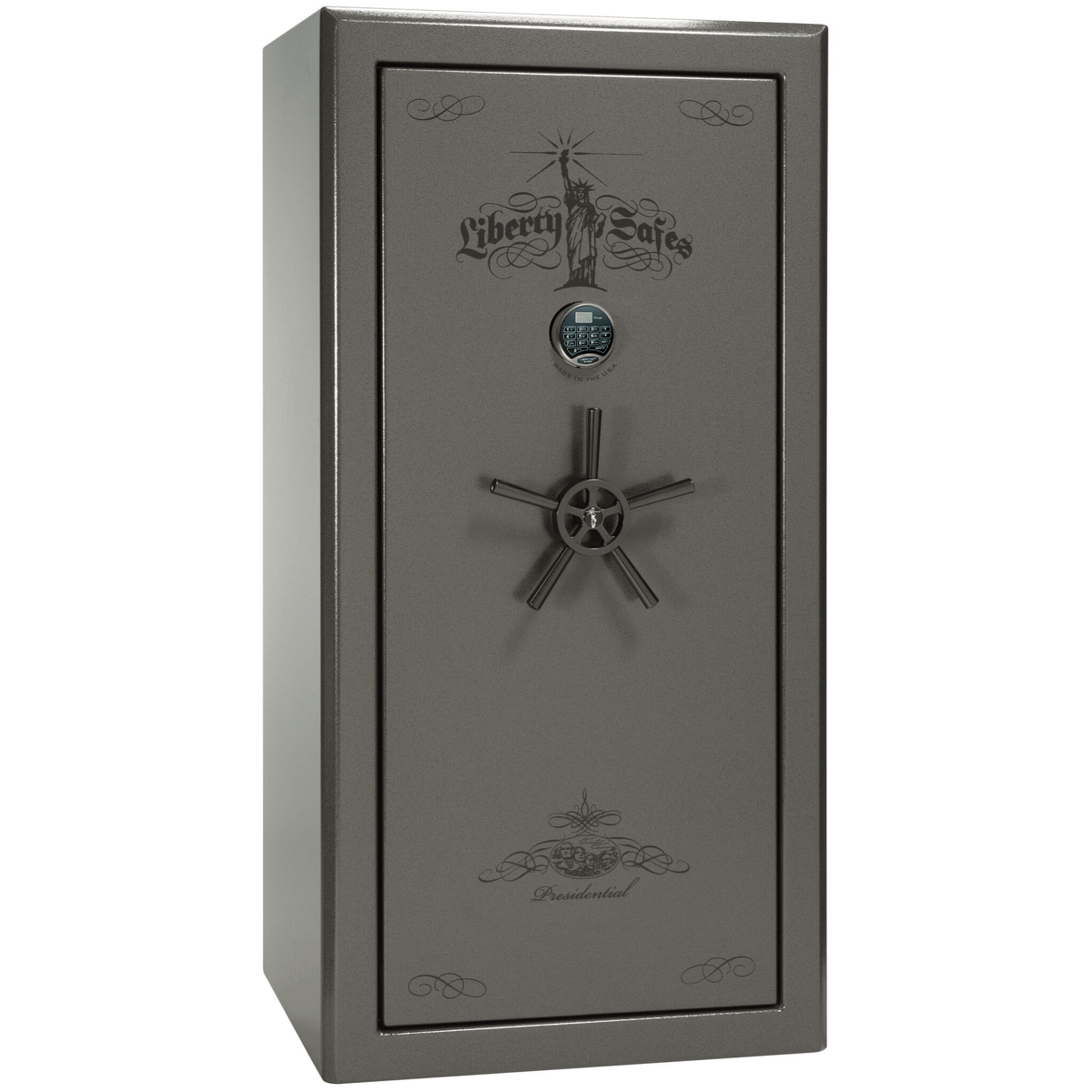 Liberty Safe Presidential 25 in Gray Marble with Black Chrome Electronic Lock, closed door.