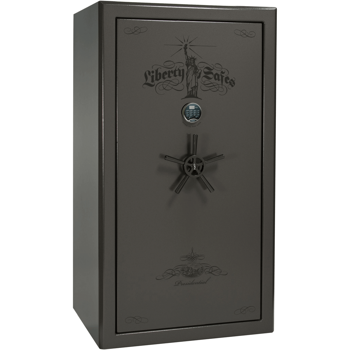 Liberty Safe Presidential 40 in Gray Marble with Black Chrome Electronic Lock, closed door.