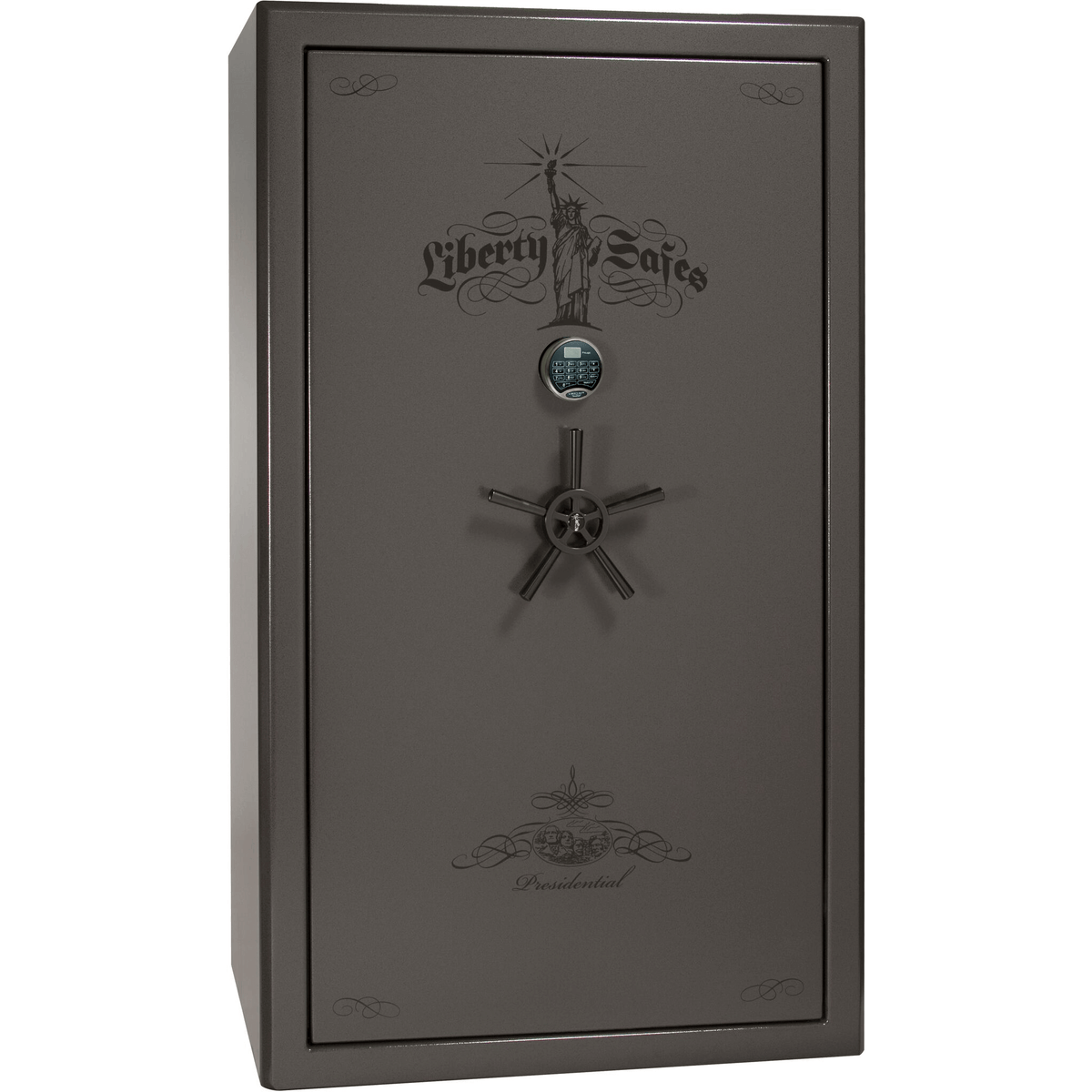 Liberty Safe Presidential 50 in Gray Marble with Black Chrome Electronic Lock, closed door.