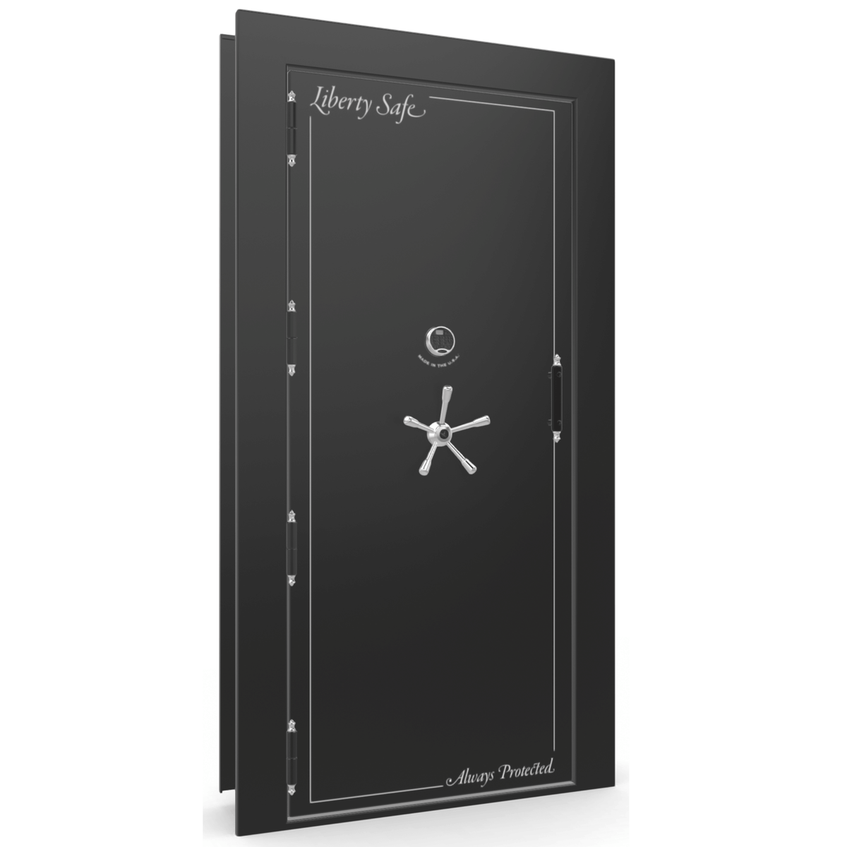 The Beast Vault Door in Black Gloss  with Chrome Electronic Lock, Left Outswing, door closed.