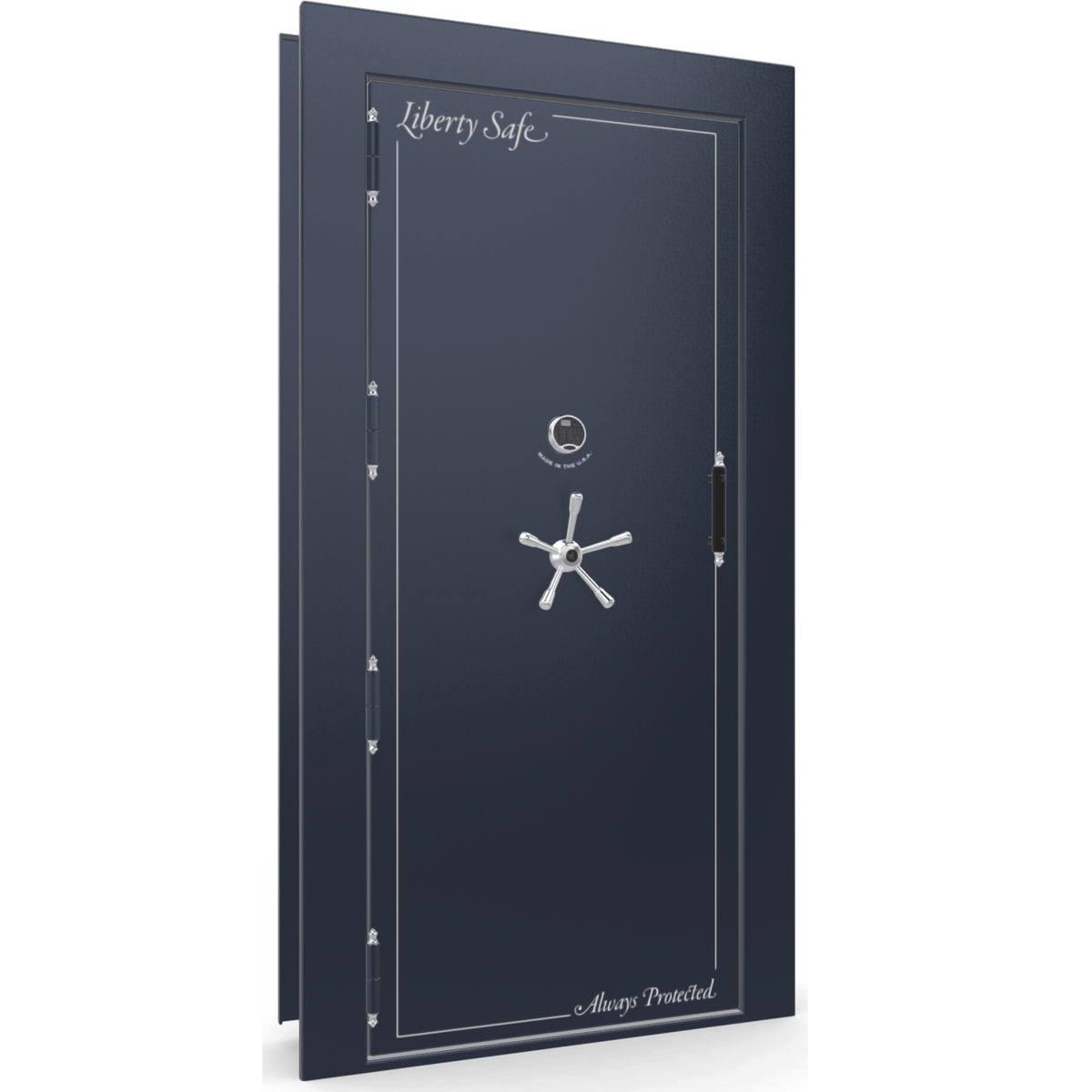 The Beast Vault Door in Blue Gloss  with Chrome Electronic Lock, Left Outswing, door closed.