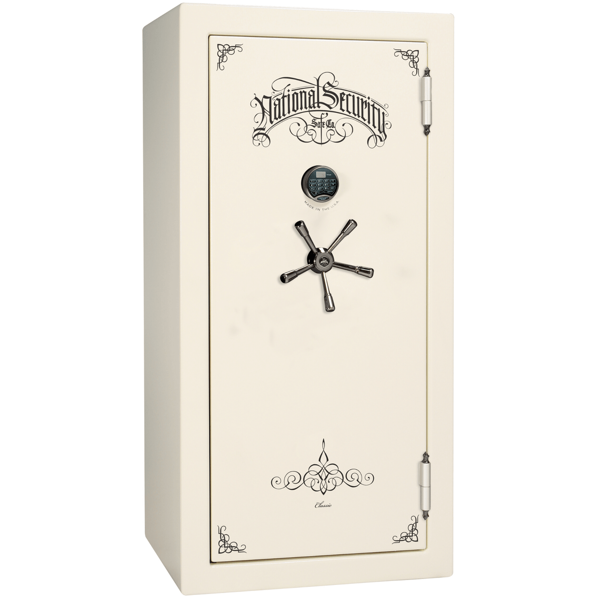 Liberty Safe Classic Plus 25 in White Marble with Black Chrome Electronic Lock, closed door.