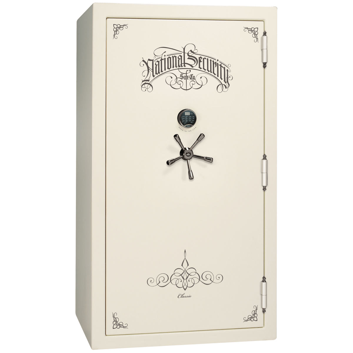 Liberty Safe Classic Plus 50 in White Marble with Black Chrome Electronic Lock, closed door.