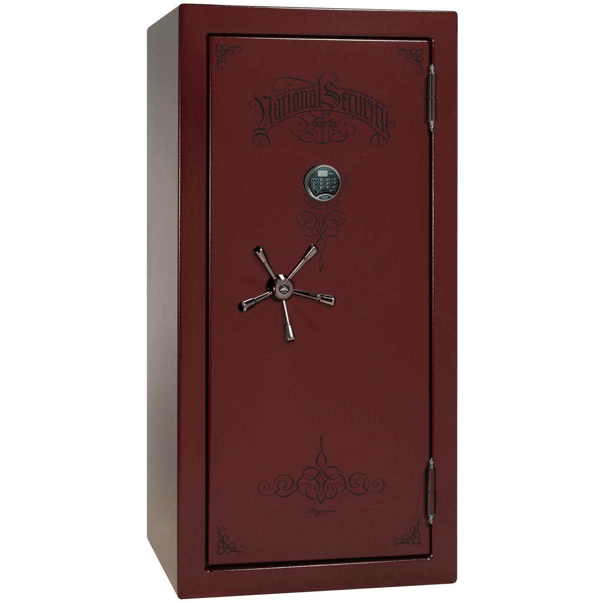 Liberty Safe National Magnum 25 in Burgundy Marble with Black Chrome Electronic Lock, closed door.