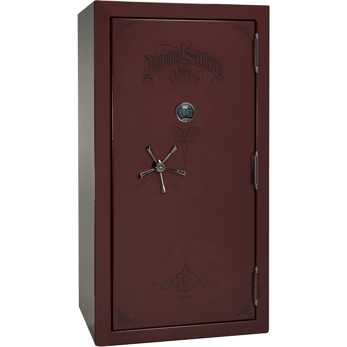 Liberty Safe National Magnum 40 in Burgundy Marble with Black Chrome Electronic Lock, closed door.