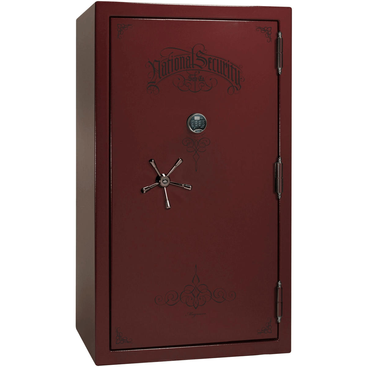 Liberty Safe National Magnum 50 in Burgundy Marble with Black Chrome Electronic Lock, closed door.