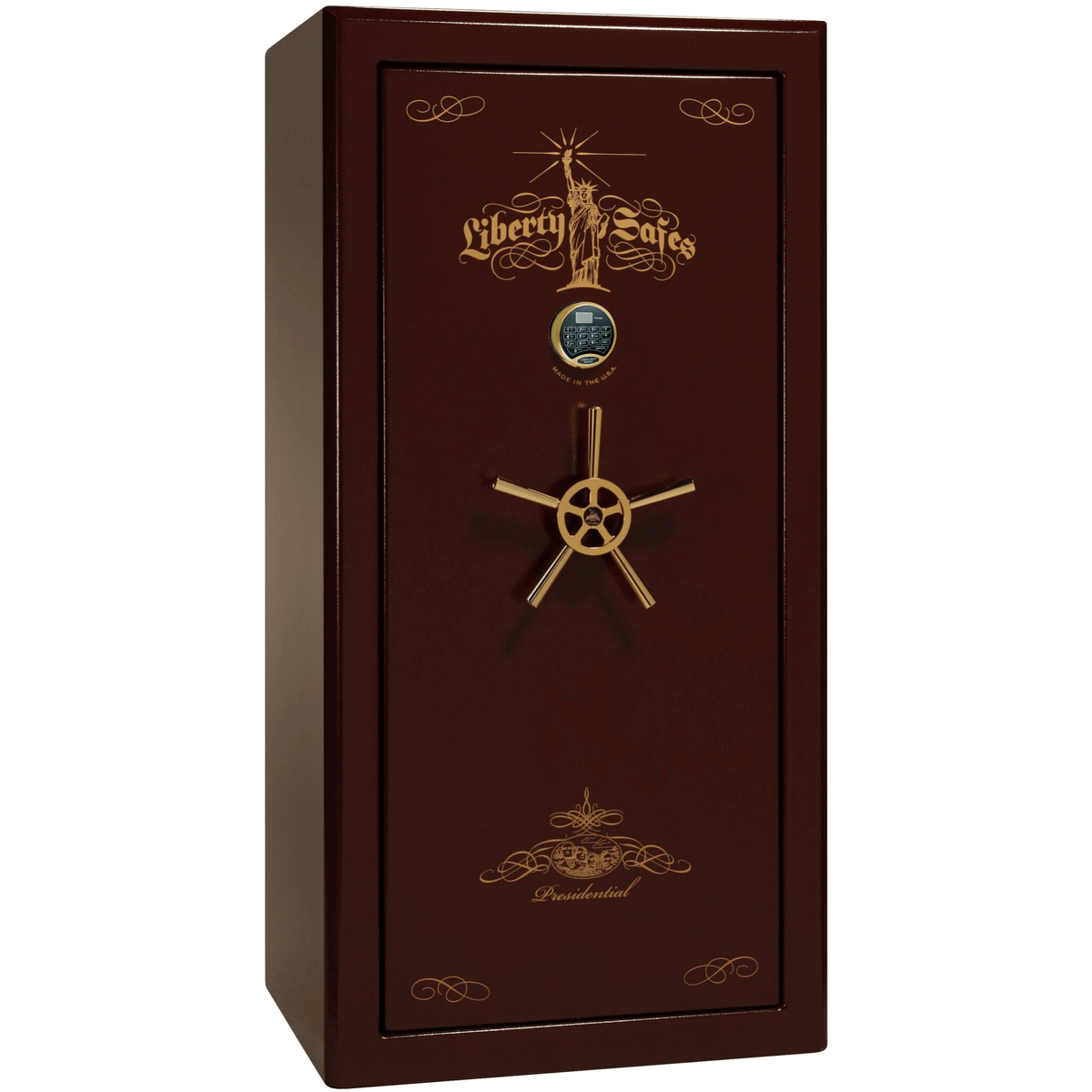 Liberty Safe Presidential 25 in Burgundy Marble with 24k Gold Electronic Lock, closed door.