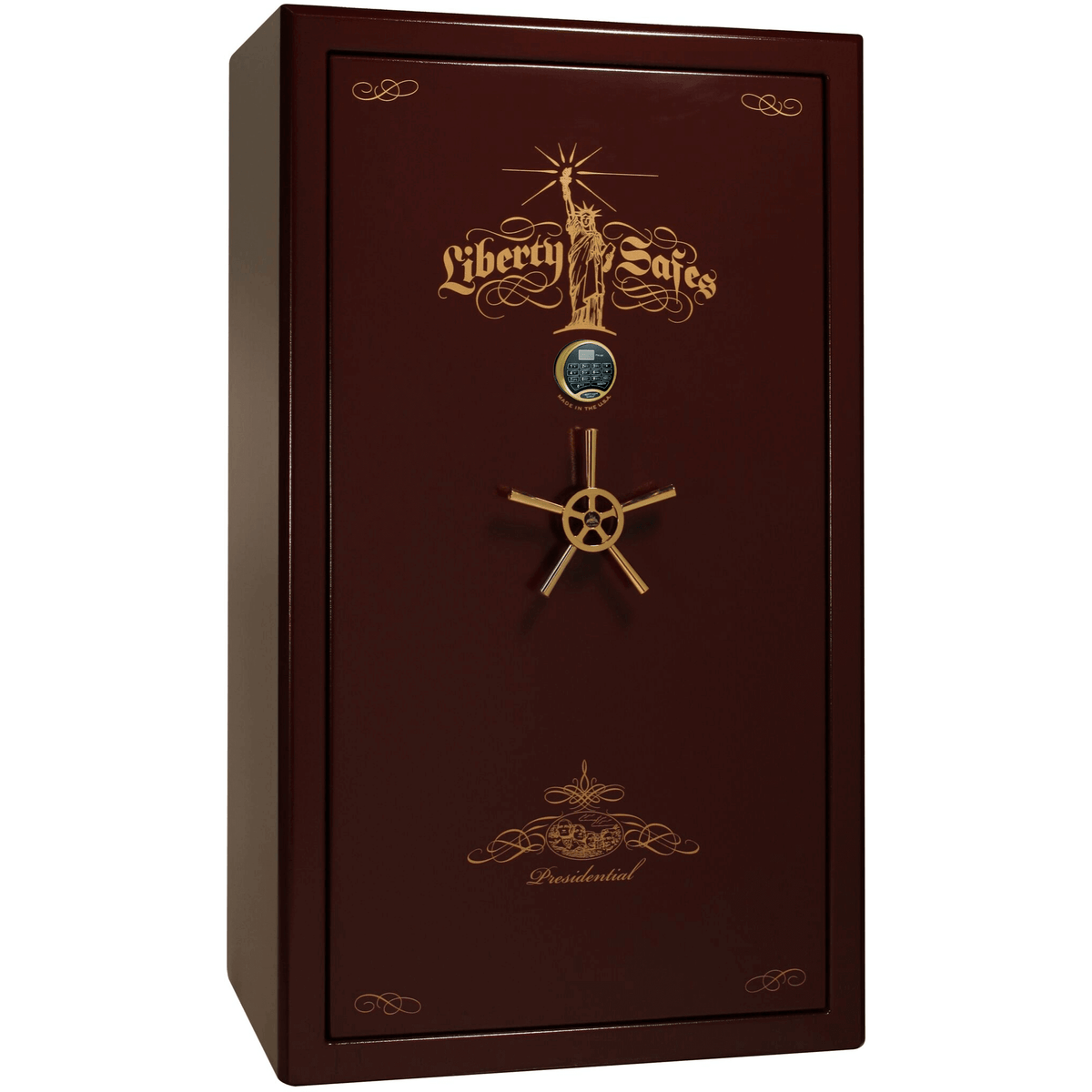 Liberty Safe Presidential 50 in Burgundy Marble with 24k Gold Electronic Lock, closed door.