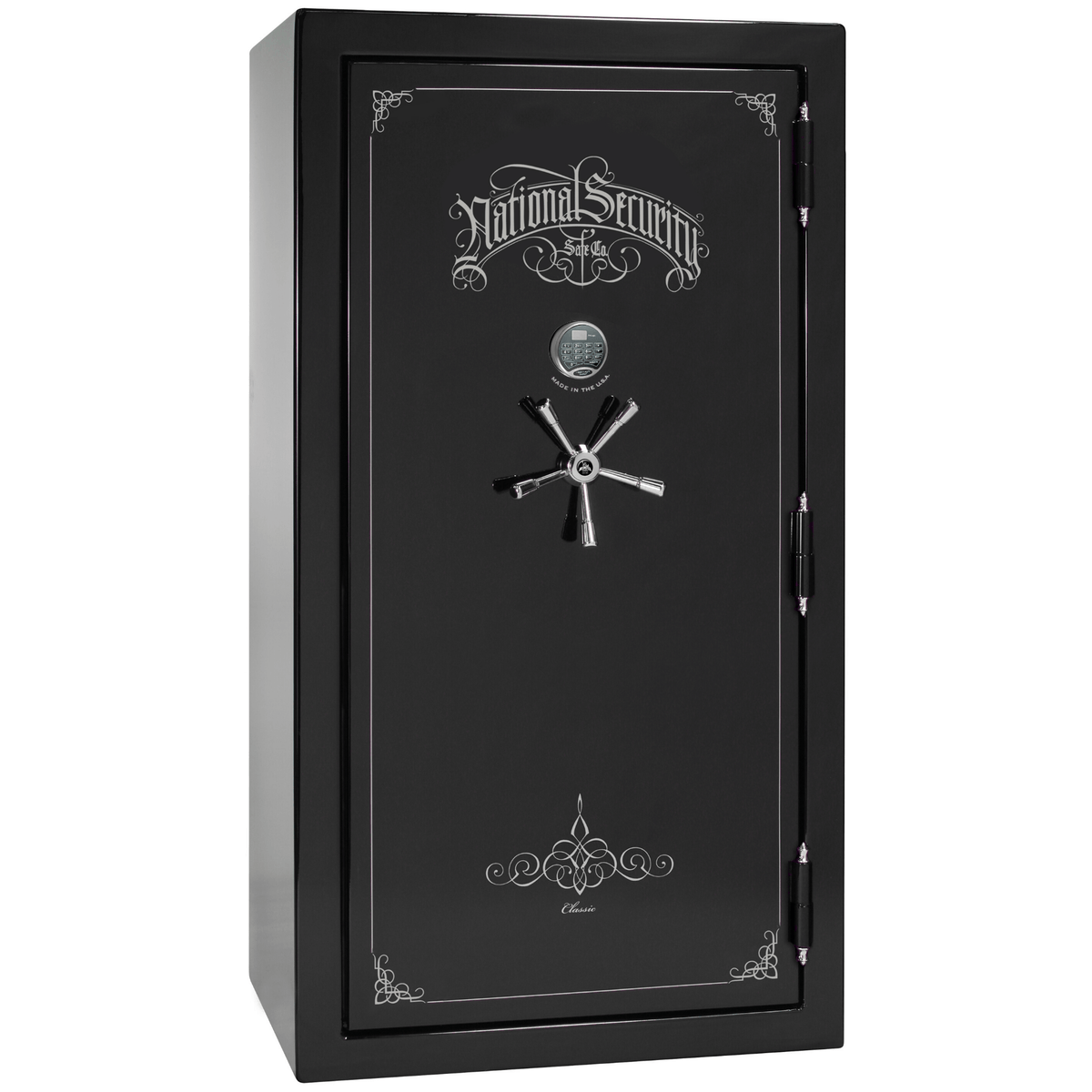 Liberty Safe Classic Plus 40 in Black Gloss with Chrome Electronic Lock, closed door.