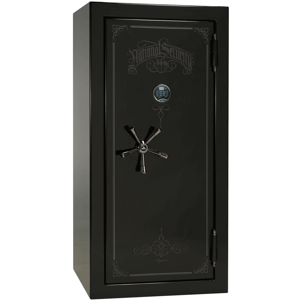 Liberty Safe National Magnum 25 in Black Gloss with Black Chrome Electronic Lock, closed door.