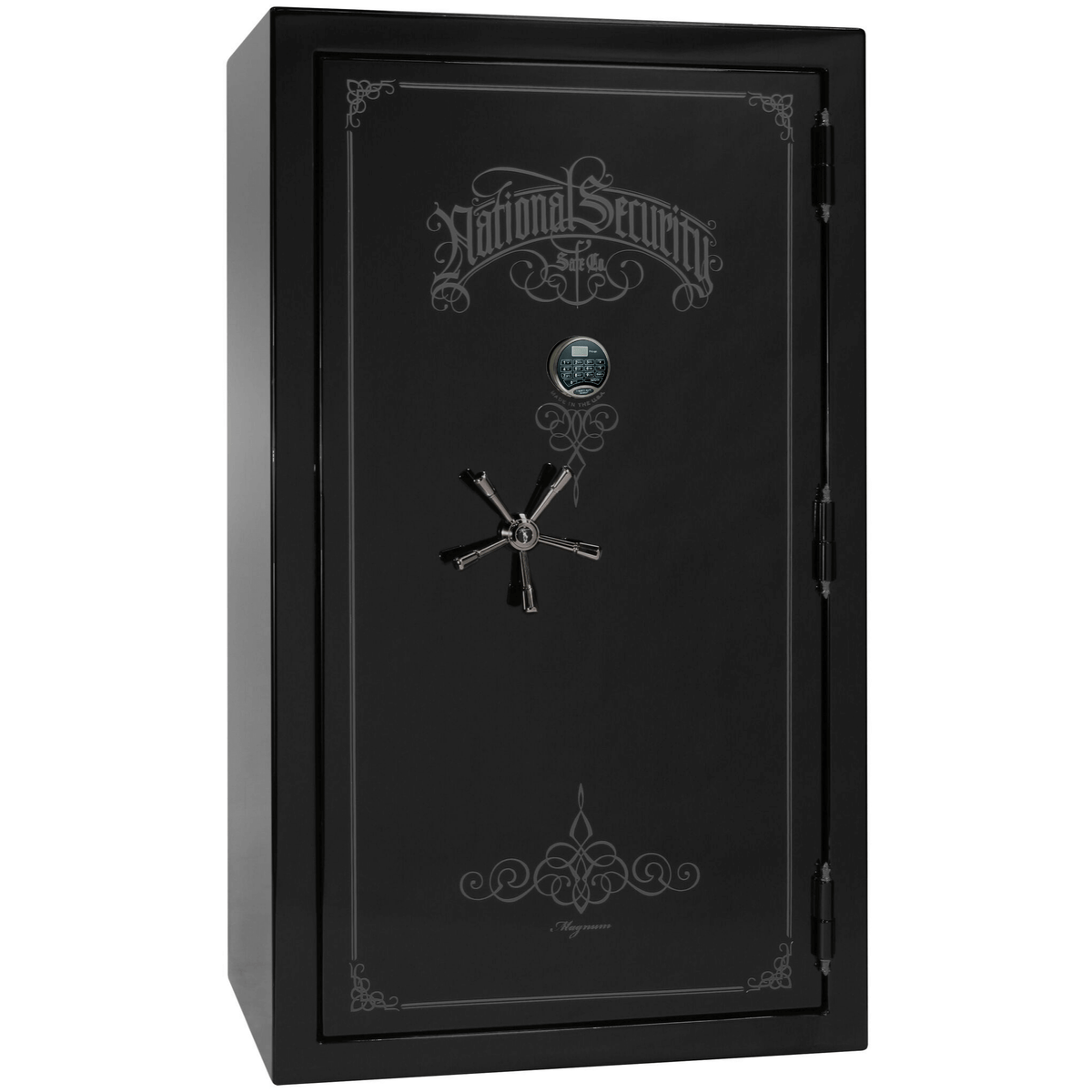 Liberty Safe National Magnum 50 in Black Gloss with Black Chrome Electronic Lock, closed door.