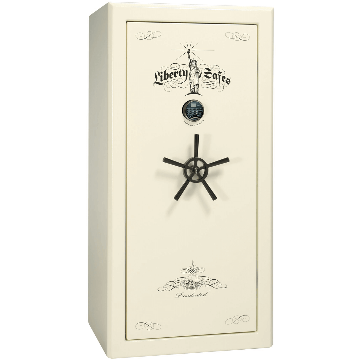 Liberty Safe Presidential 25 in White Marble with Black Chrome Electronic Lock, closed door.