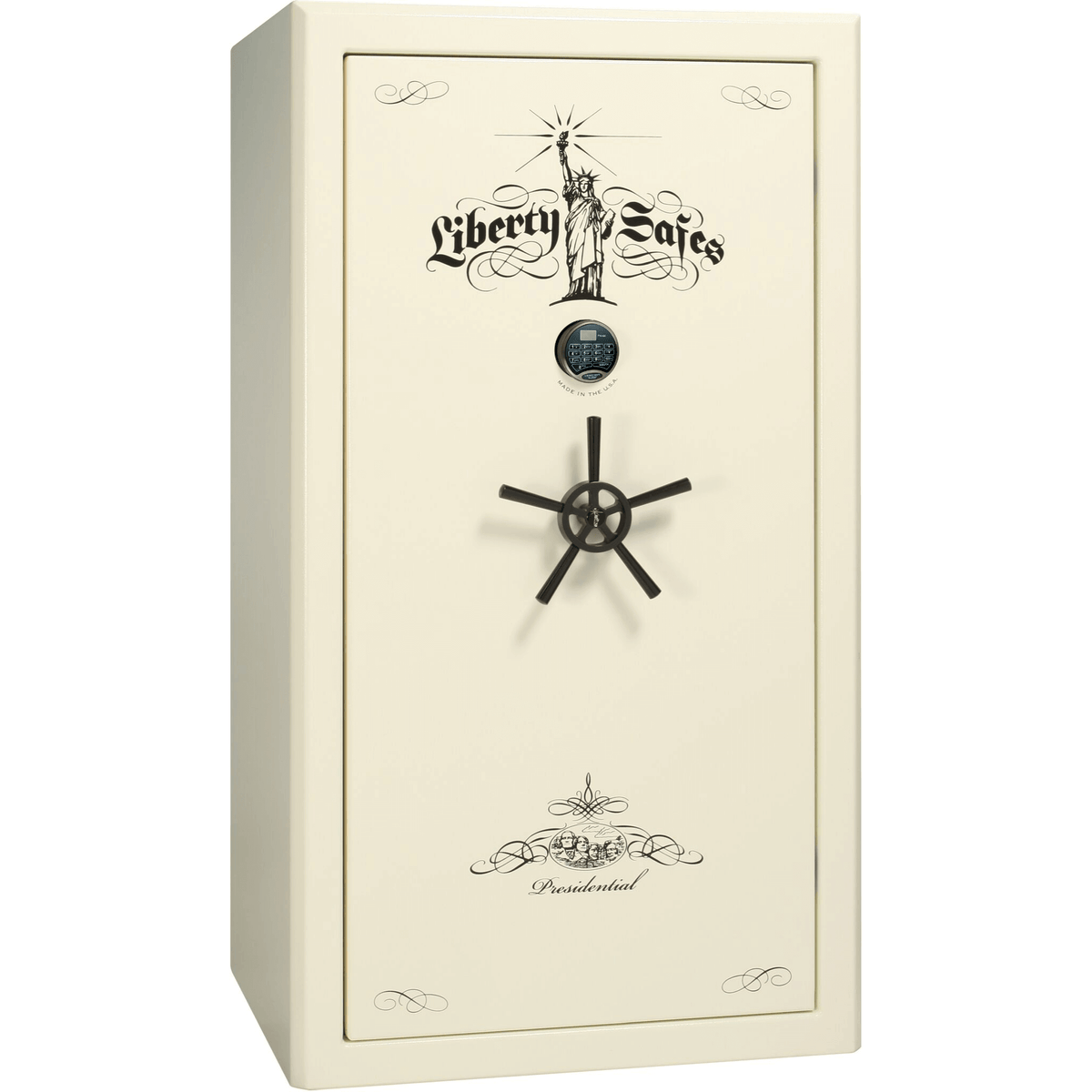 Liberty Safe Presidential 40 in White Marble with Black Chrome Electronic Lock, closed door.
