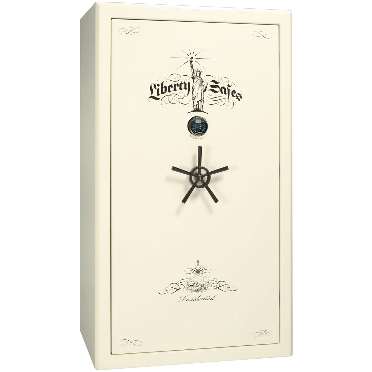 Liberty Safe Presidential 50 in White Marble with Black Chrome Electronic Lock, closed door.