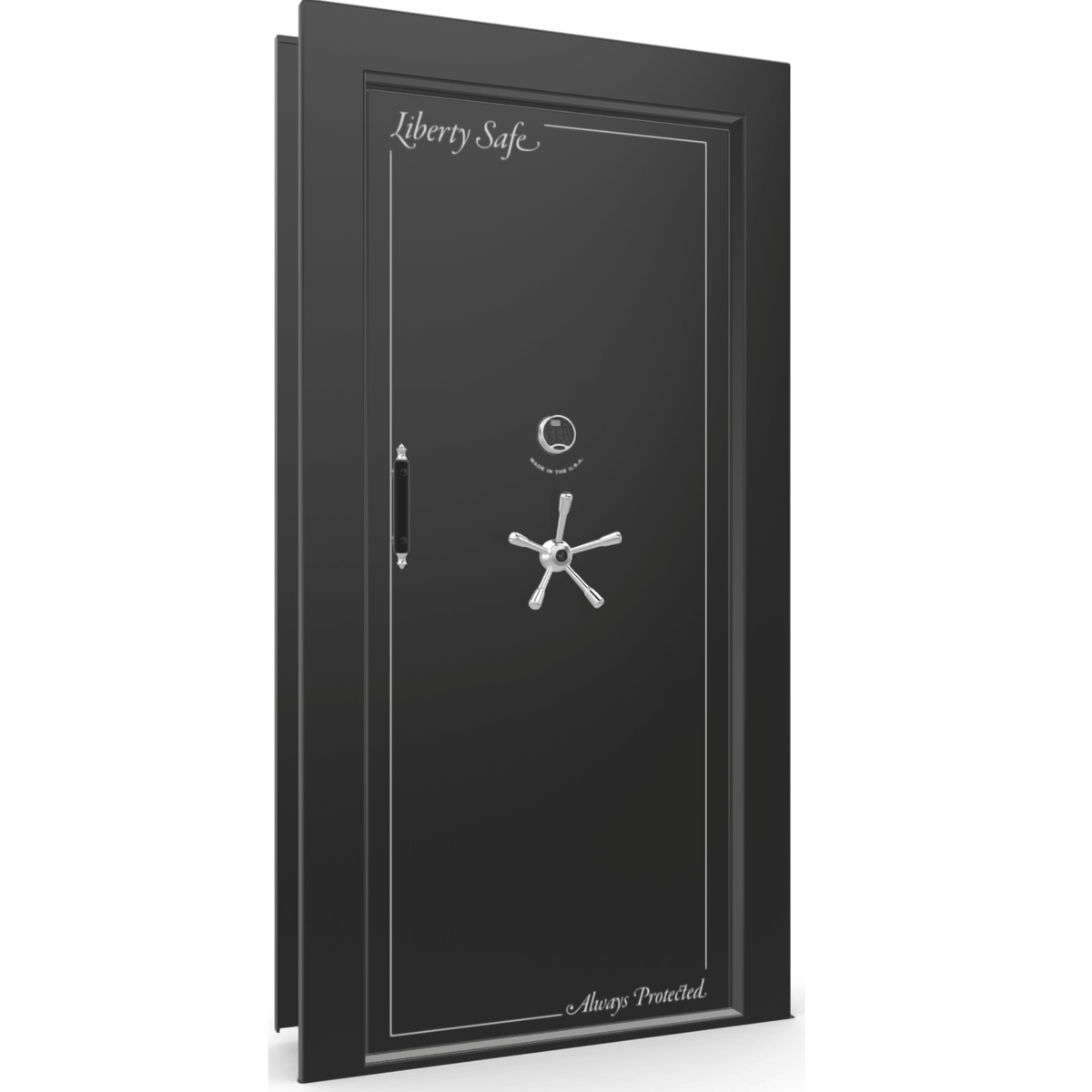 The Beast Vault Door in Black Gloss  with Chrome Electronic Lock, Right Inswing, door closed.