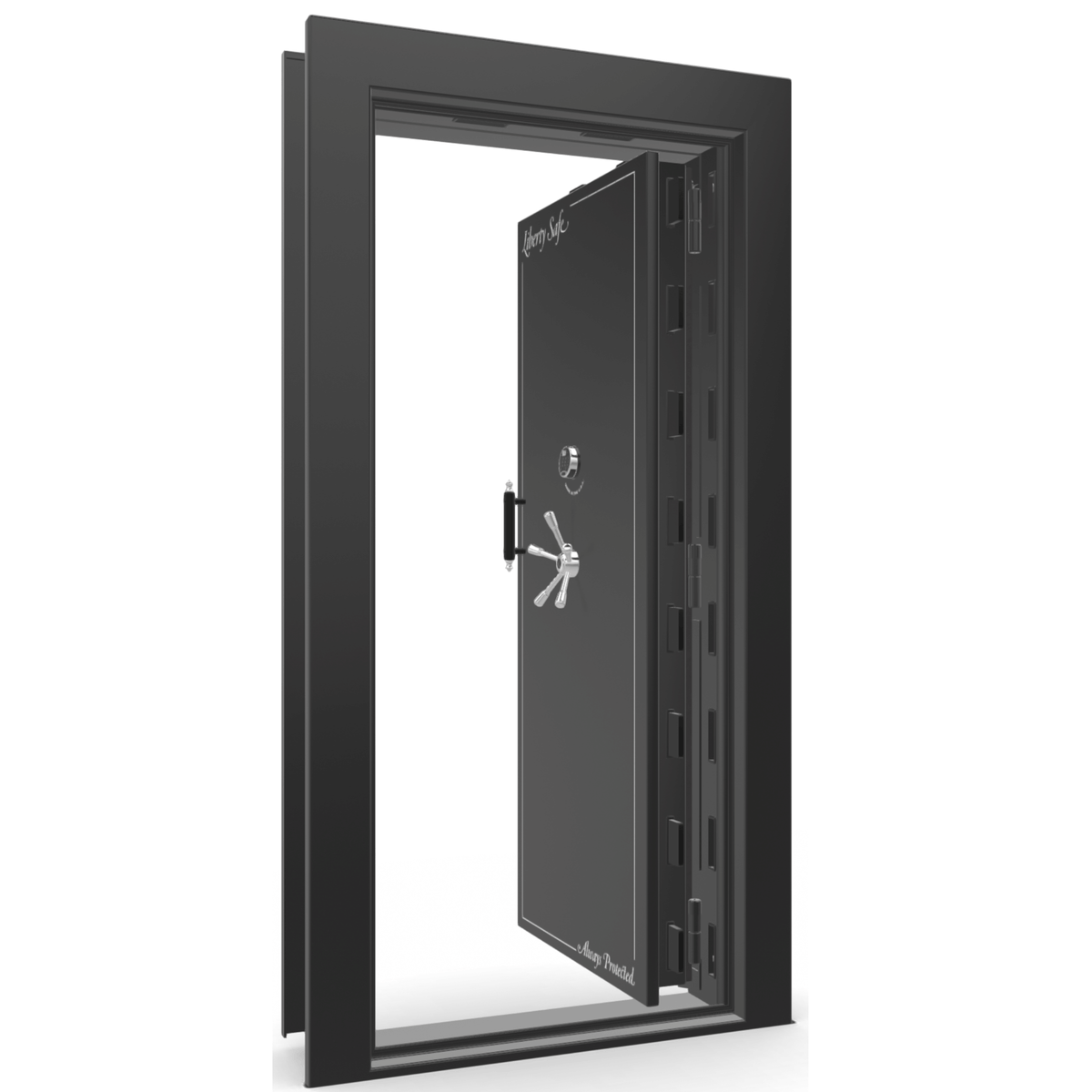 The Beast Vault Door in Black Gloss  with Chrome Electronic Lock, Right Inswing, door open.