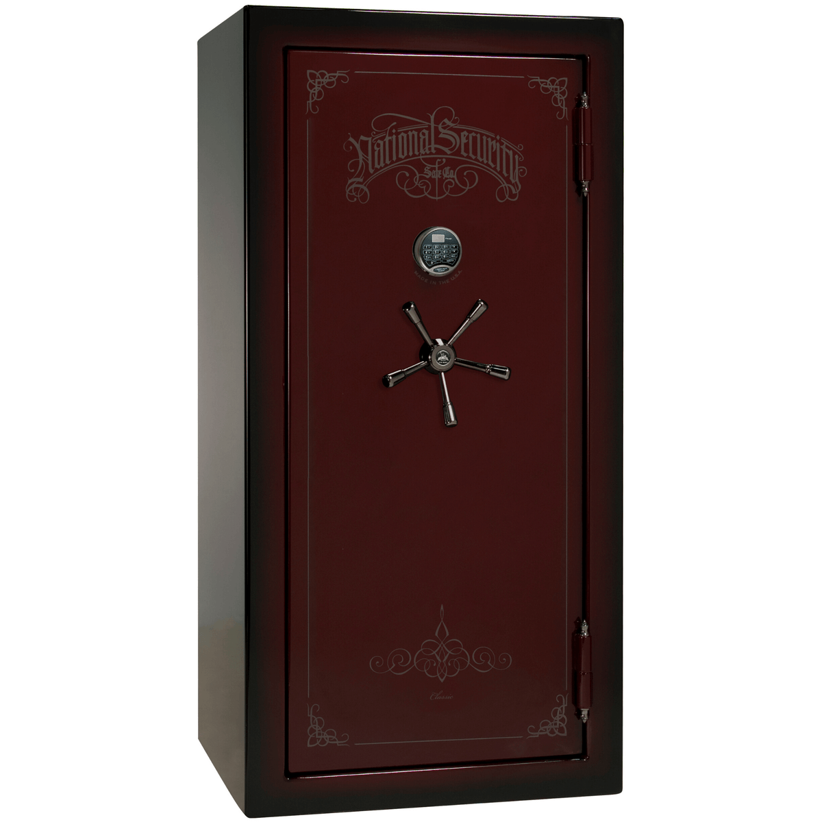 Liberty Safe Classic Plus 25 in Feathered Burgundy Gloss with Black Chrome Electronic Lock, closed door.